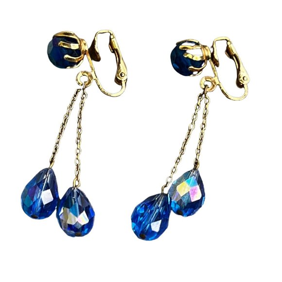 Vintage Blue Teardrop Crystal Dangle Clip On Earrings Gold Tone Bright - Picture 1 of 6